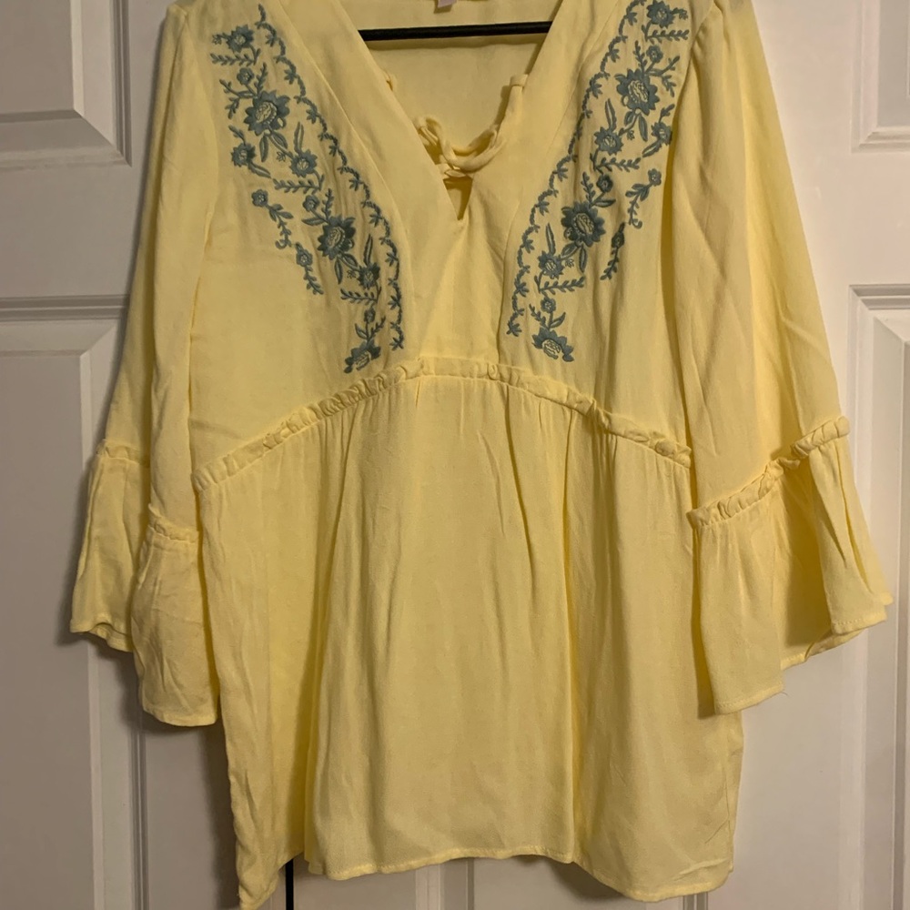 Elegant Yellow Blouse with Blue Embroidery